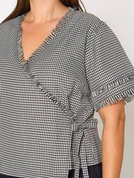 Plus Size Fringe Trim Gingham Wrap Blouse  - Black Gingham