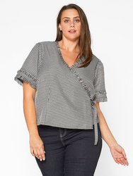 Plus Size Fringe Trim Gingham Wrap Blouse  - Black Gingham - Gingham