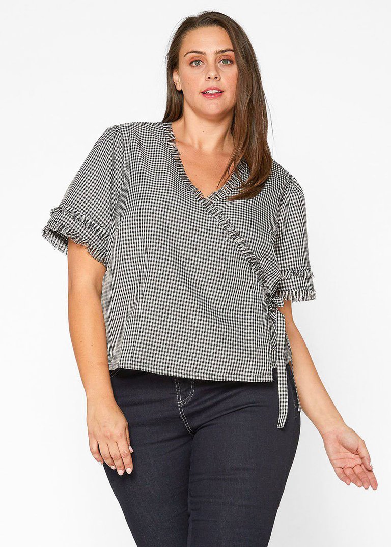 Plus Size Fringe Trim Gingham Wrap Blouse  - Black Gingham - Gingham