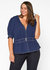 Plus Size Puff Shoulder Button Front Peplum Top - Navy