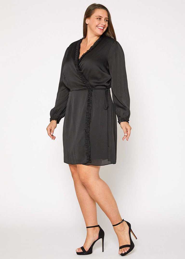Plus Size Ruffle Trim Long Sleeve Wrap Dress in Black