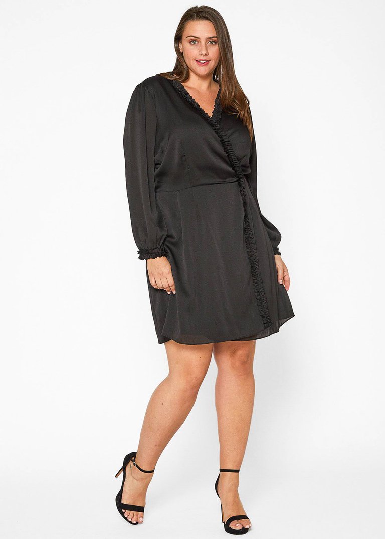 Plus Size Ruffle Trim Long Sleeve Wrap Dress in Black - Black