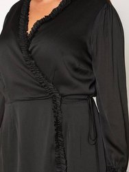 Plus Size Ruffle Trim Long Sleeve Wrap Dress in Black
