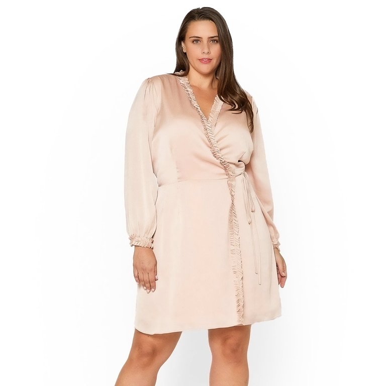 Plus Size Ruffle Trim Long Sleeve Wrap Dress in Mauve