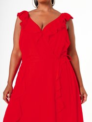 Plus Size Ruffle Trim Wrapped Maxi Dress In Red