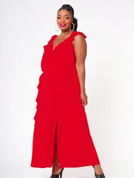 Plus Size Ruffle Trim Wrapped Maxi Dress In Red