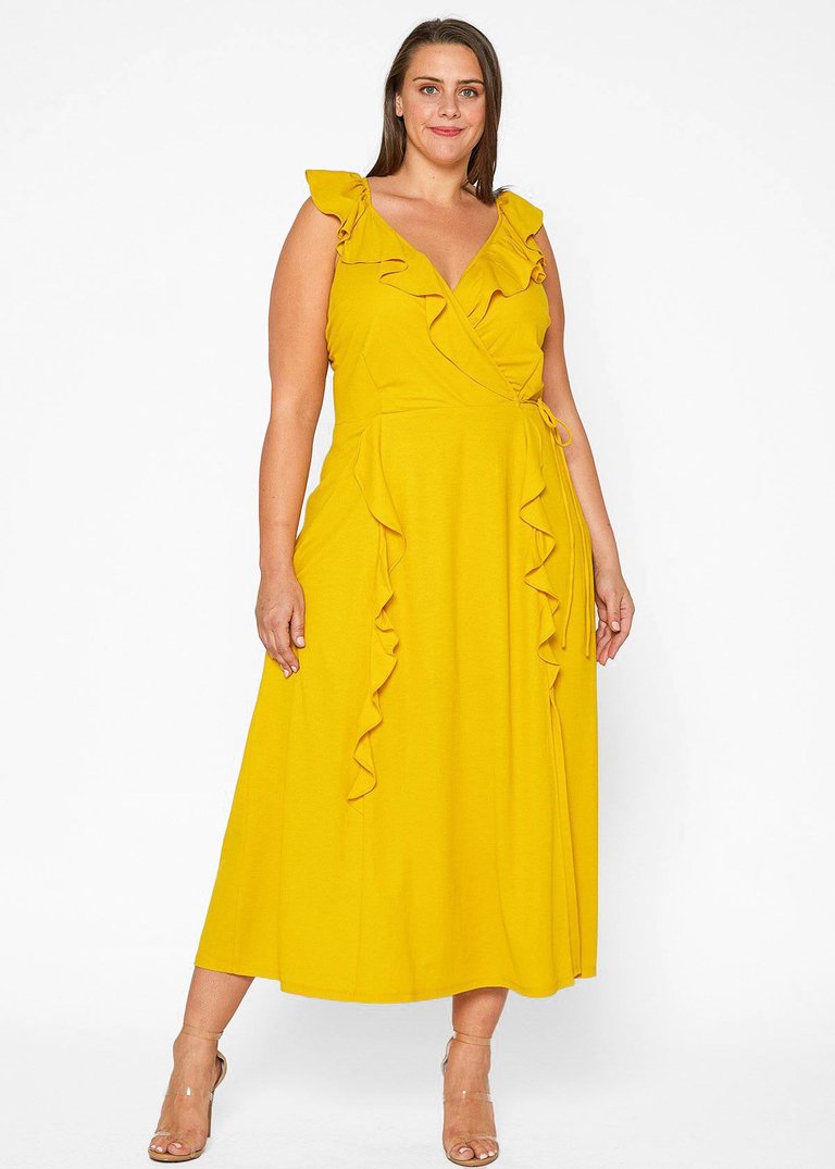 Plus Size Ruffle Trim Wrapped Maxi Dress - Mustard - Mustard