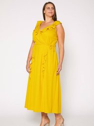 Plus Size Ruffle Trim Wrapped Maxi Dress - Mustard