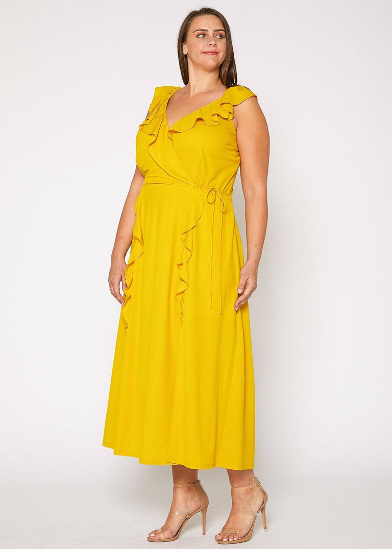 Plus Size Ruffle Trim Wrapped Maxi Dress - Mustard