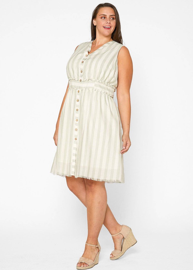 Plus Size Sleeveless Button Down Stripe Dress in Sage - Sage