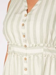 Plus Size Sleeveless Button Down Stripe Dress in Sage
