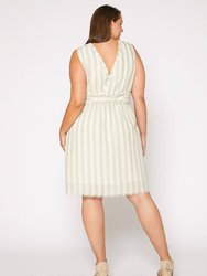 Plus Size Sleeveless Button Down Stripe Dress in Sage
