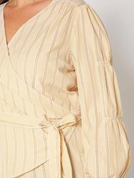 Plus Size Stripe Wrap Blouse - Yellow