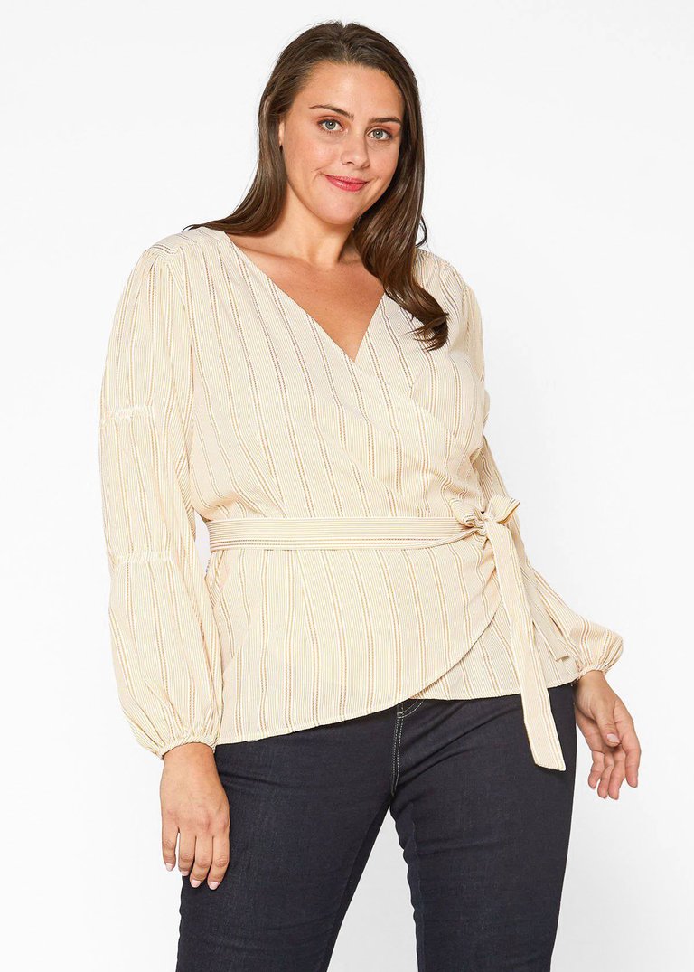 Plus Size Stripe Wrap Blouse - Yellow - Yellow