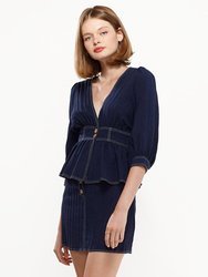 Puff Shoulder Button Front Peplum Top in Navy - Navy