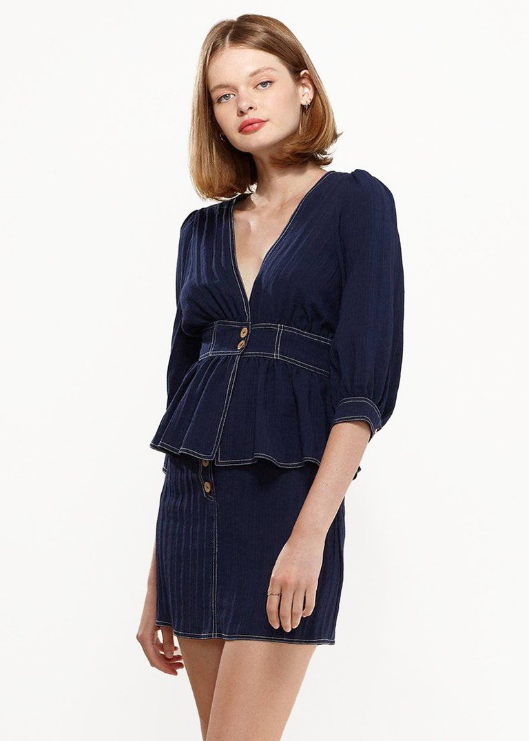 Puff Shoulder Button Front Peplum Top in Navy - Navy