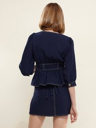 Puff Shoulder Button Front Peplum Top in Navy