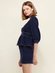 Puff Shoulder Button Front Peplum Top in Navy