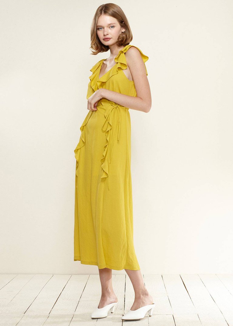 Ruffle Trim Wrapped Midi Dress in Mustard