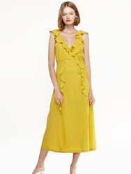 Ruffle Trim Wrapped Midi Dress in Mustard - Mustard