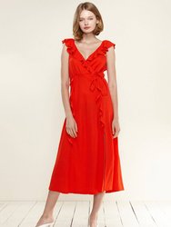 Ruffle Trim Wrapped Midi Dress in Red