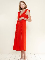 Ruffle Trim Wrapped Midi Dress in Red