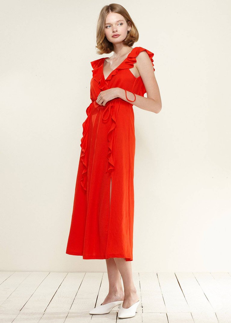 Ruffle Trim Wrapped Midi Dress in Red