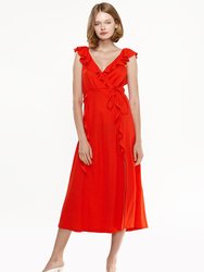 Ruffle Trim Wrapped Midi Dress in Red - Red