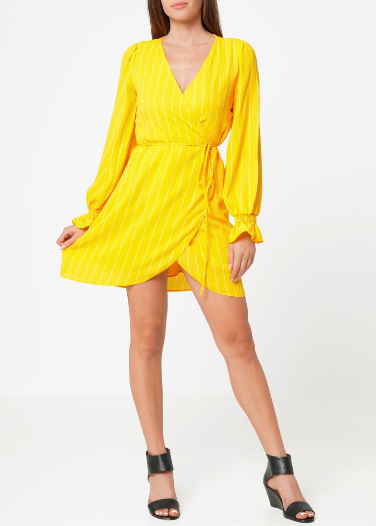 Smocked Bell Sleeve Wrap Dress in Yellow - Yellow