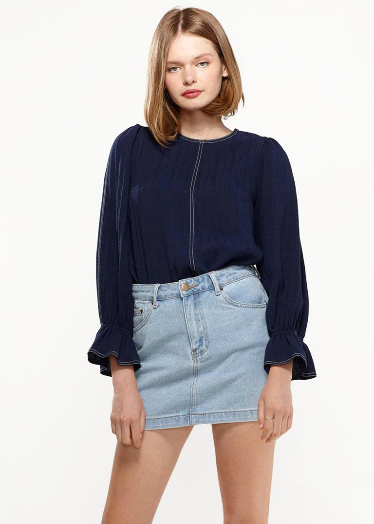 Stitch Accent Puff Shoulder Bell Cuff Top in Navy - Navy