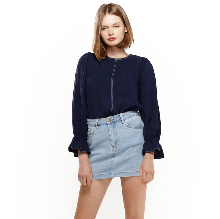 Stitch Accent Puff Shoulder Bell Cuff Top in Navy