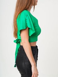 Tie Waist Cape Sleeve Cropped Blouse in Kelly Green