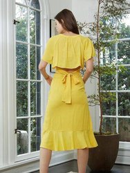 Tie Waist Cape Sleeve Cropped Blouse in Yellow