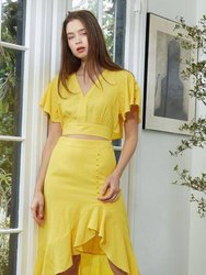Tie Waist Cape Sleeve Cropped Blouse in Yellow