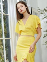 Tie Waist Cape Sleeve Cropped Blouse in Yellow - Yellow