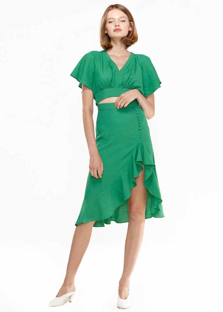 Women's Asymmetrical Hem Button Front Skirt in Kelly Green - Kelly Green