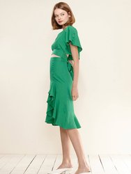 Women's Asymmetrical Hem Button Front Skirt in Kelly Green