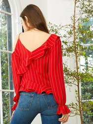 Women's Asymmetrical Shoulder Ruffle Blouse in Red