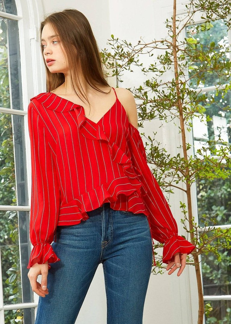 Women's Asymmetrical Shoulder Ruffle Blouse in Red - Red