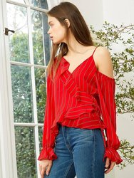 Women's Asymmetrical Shoulder Ruffle Blouse in Red