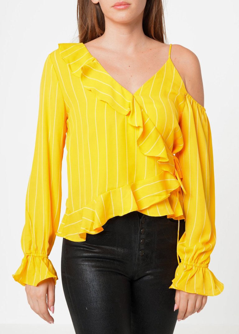 Women's Asymmetrical Shoulder Ruffle Blouse in Yellow - Yellow