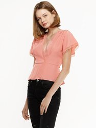 Women's Lace Trim Cape Sleeve Wrap Blouse in Coral - Coral