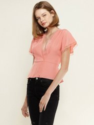 Women's Lace Trim Cape Sleeve Wrap Blouse in Coral