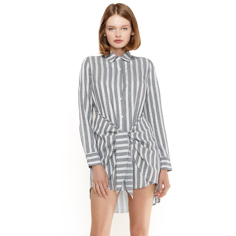 Women's Lace Trim Wrapped Shirt Dress in Ditsy Gingham - Ditsy Gingham