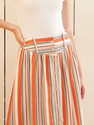 Women's Multi Stripe Button Front Midi Skirt in Rust Multi