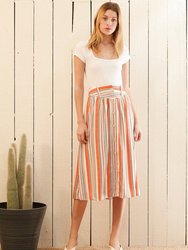 Women's Multi Stripe Button Front Midi Skirt in Rust Multi