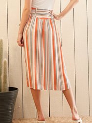 Women's Multi Stripe Button Front Midi Skirt in Rust Multi