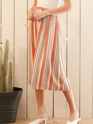 Women's Multi Stripe Button Front Midi Skirt in Rust Multi - Rust Multi