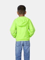 Sam - Kids Green Fluo Full Zip Packable Rain Jacket