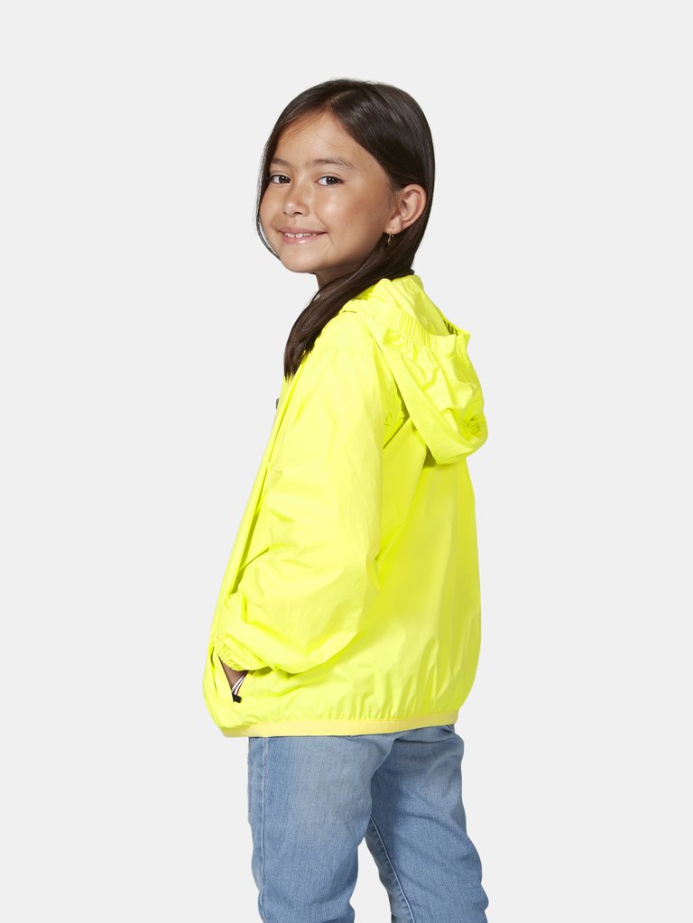 Sam - Kids Yellow Fluo Full Zip Packable Rain Jacket
